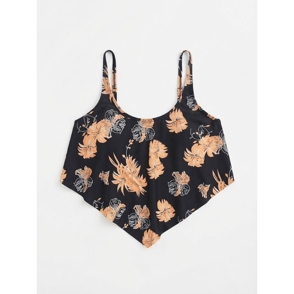Tropical Floral Flounce Bikini Top Womens Medium Black Orange Excellent Ruffle